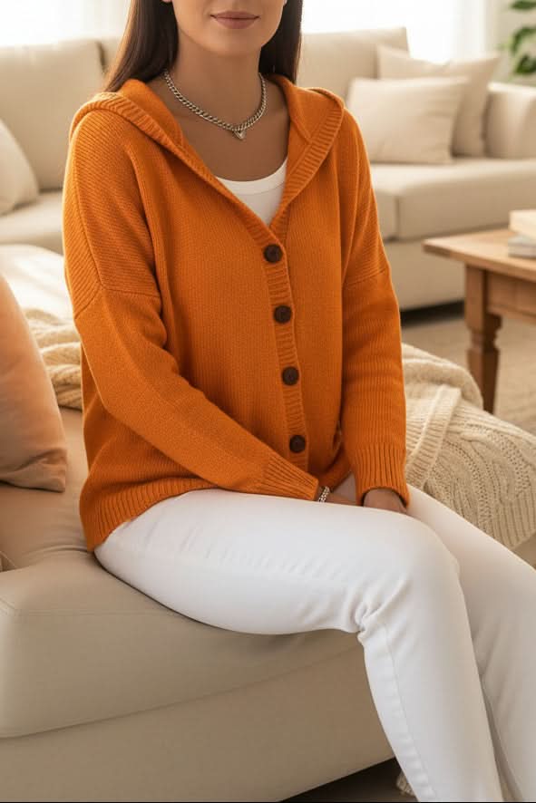 Women's Knit Cardigan – Relaxed Hooded Button-Up And Ribbed Cuffs