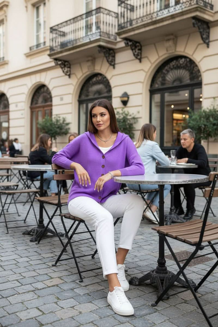 Women's Knit Cardigan – Relaxed Hooded Button-Up And Ribbed Cuffs