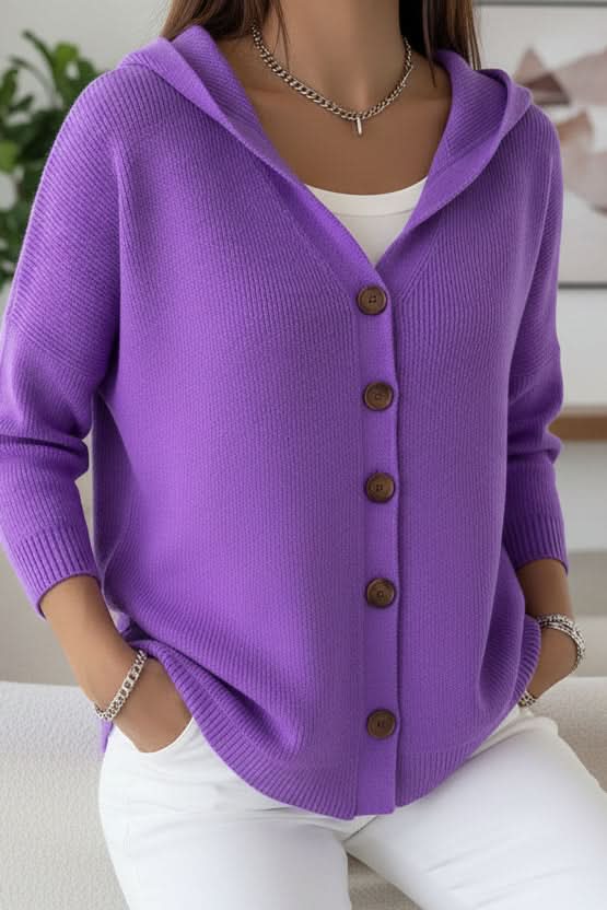 Women's Knit Cardigan – Relaxed Hooded Button-Up And Ribbed Cuffs