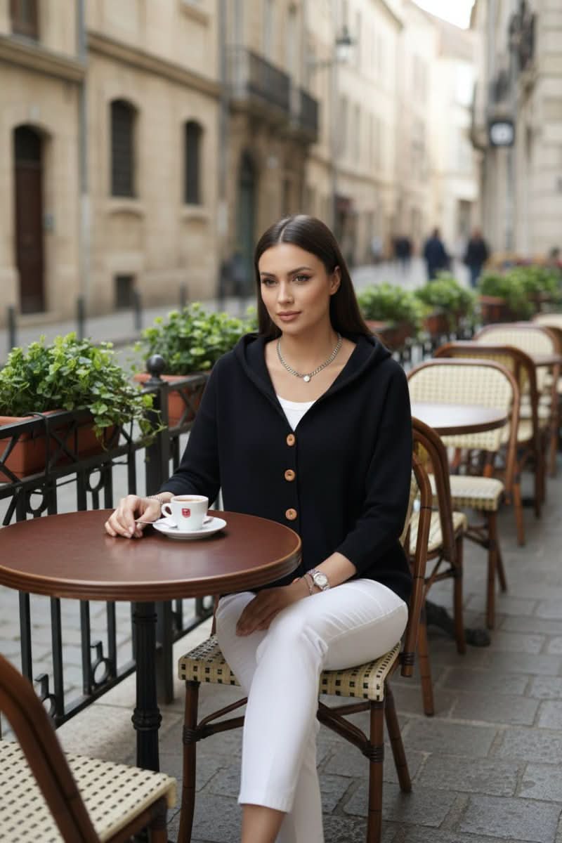 Women's Knit Cardigan – Relaxed Hooded Button-Up And Ribbed Cuffs