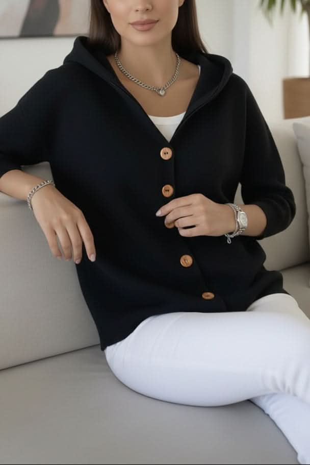 Women's Knit Cardigan – Relaxed Hooded Button-Up And Ribbed Cuffs