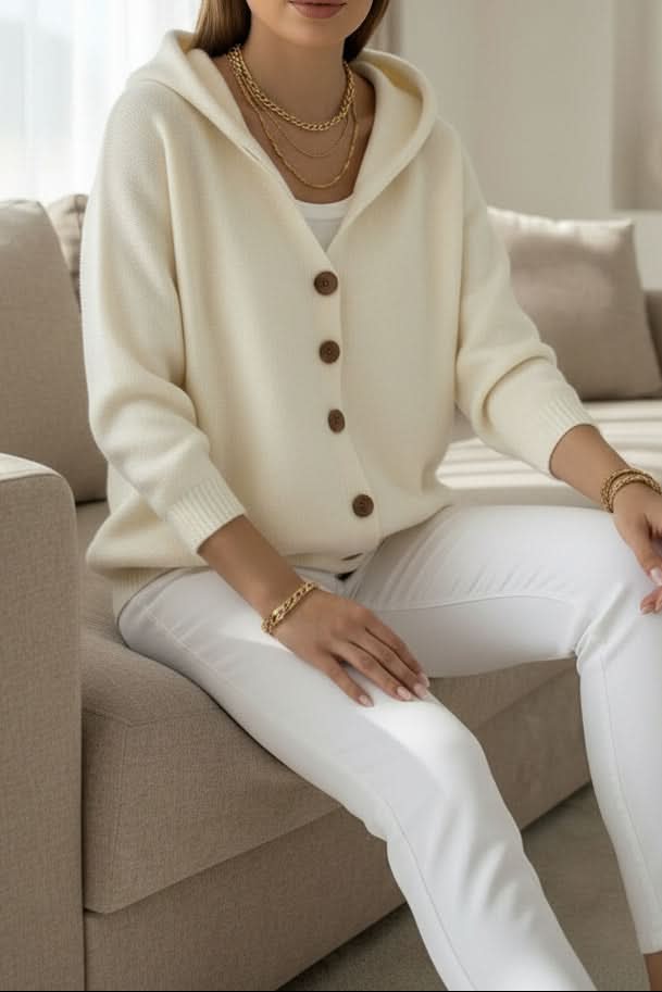 Women's Knit Cardigan – Relaxed Hooded Button-Up And Ribbed Cuffs