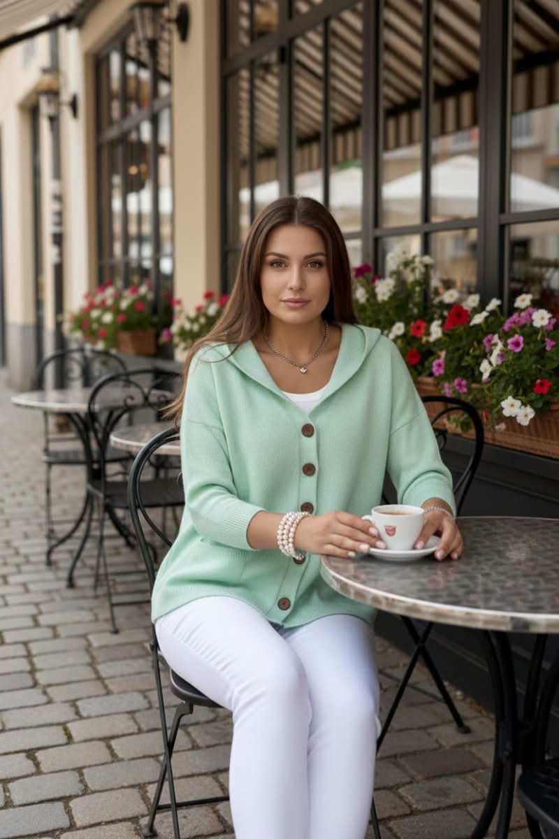 Women's Knit Cardigan – Relaxed Hooded Button-Up And Ribbed Cuffs