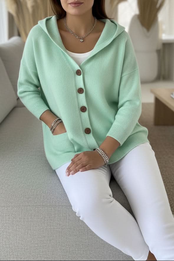 Women's Knit Cardigan – Relaxed Hooded Button-Up And Ribbed Cuffs