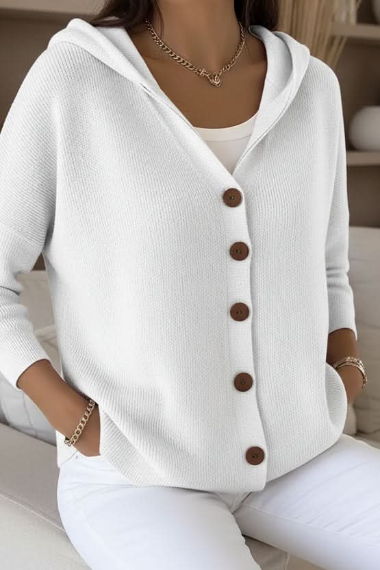 Women's Knit Cardigan – Relaxed Hooded Button-Up And Ribbed Cuffs