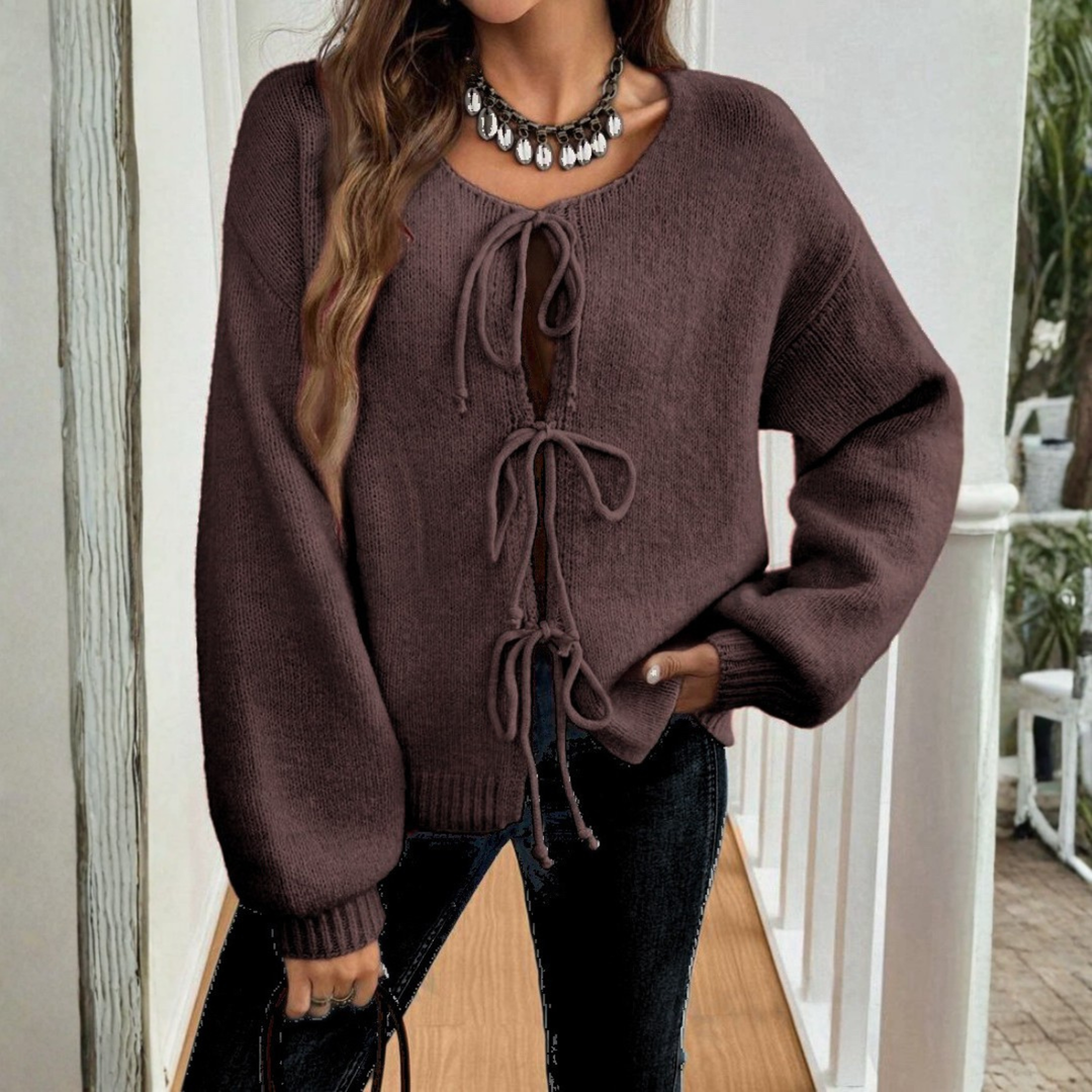 Women's Knit Cardigan – Relaxed Knit Tie Front And Puff Sleeves