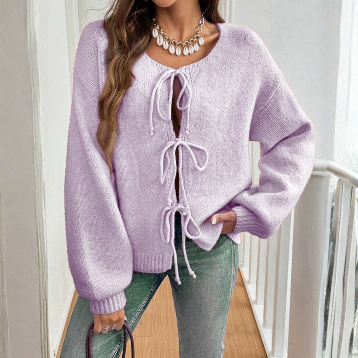 Women's Knit Cardigan – Relaxed Knit Tie Front And Puff Sleeves