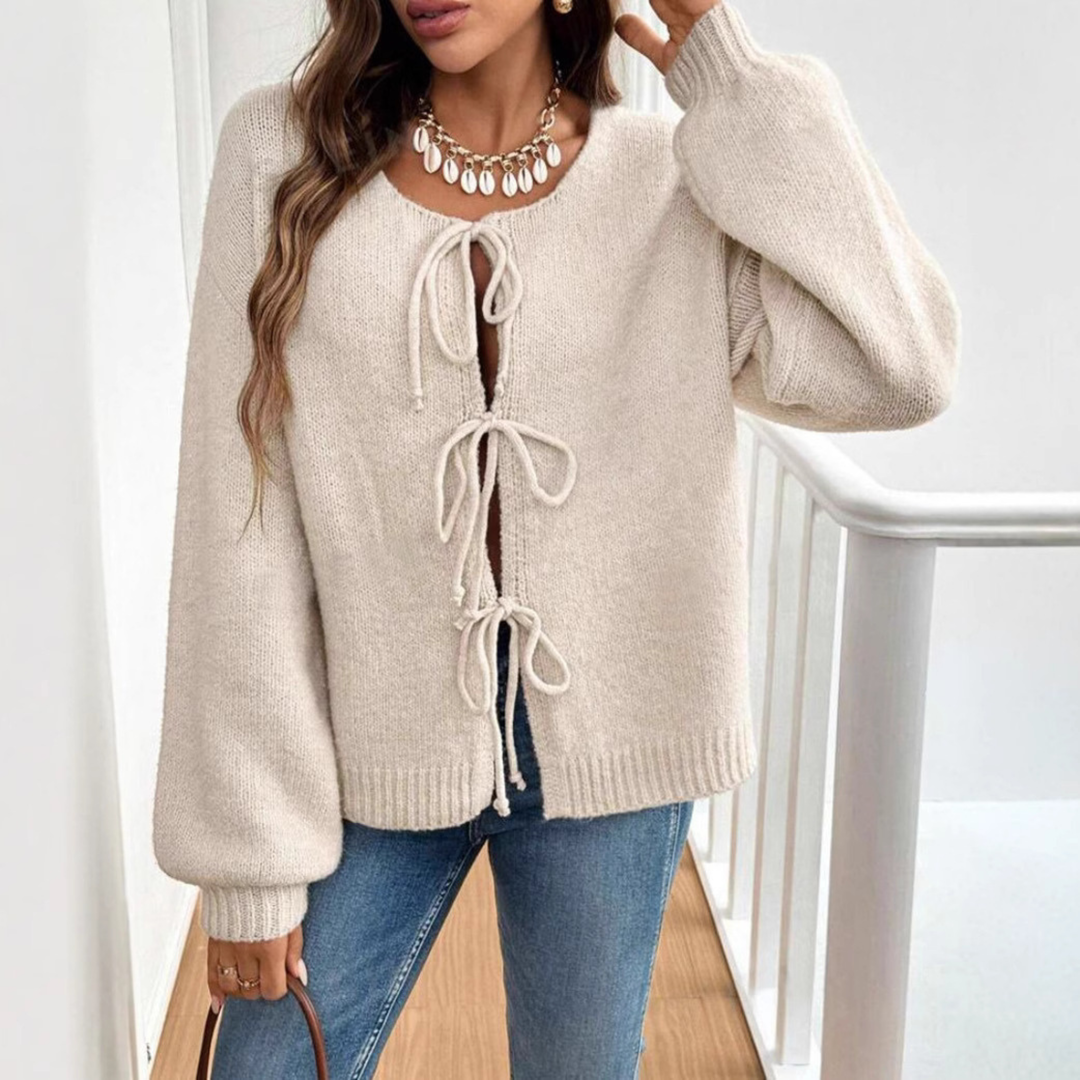 Women's Knit Cardigan – Relaxed Knit Tie Front And Puff Sleeves