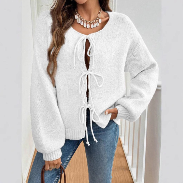 Women's Knit Cardigan – Relaxed Knit Tie Front And Puff Sleeves