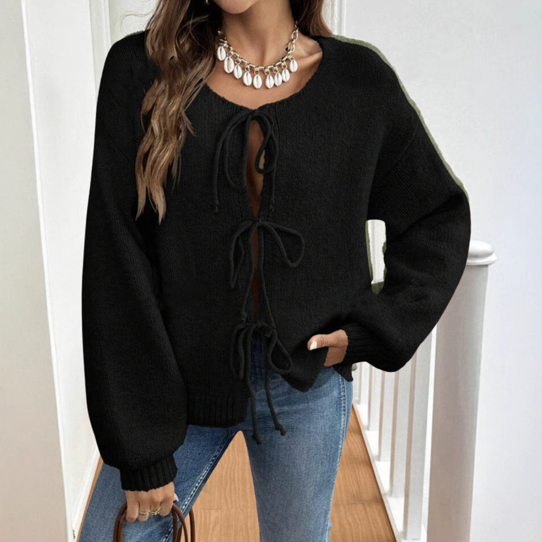 Women's Knit Cardigan – Relaxed Knit Tie Front And Puff Sleeves