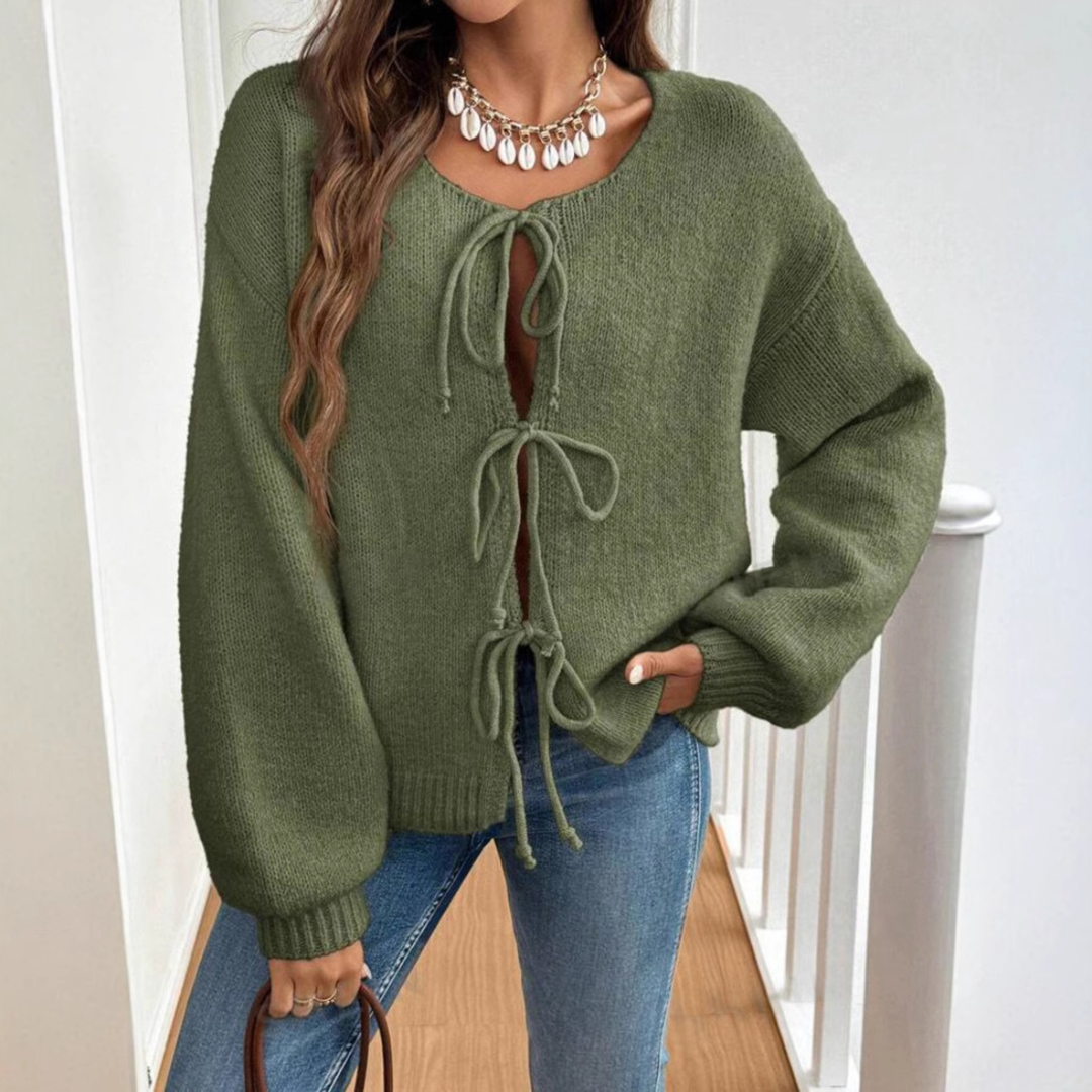 Women's Knit Cardigan – Relaxed Knit Tie Front And Puff Sleeves