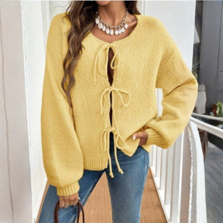 Women's Knit Cardigan – Relaxed Knit Tie Front And Puff Sleeves