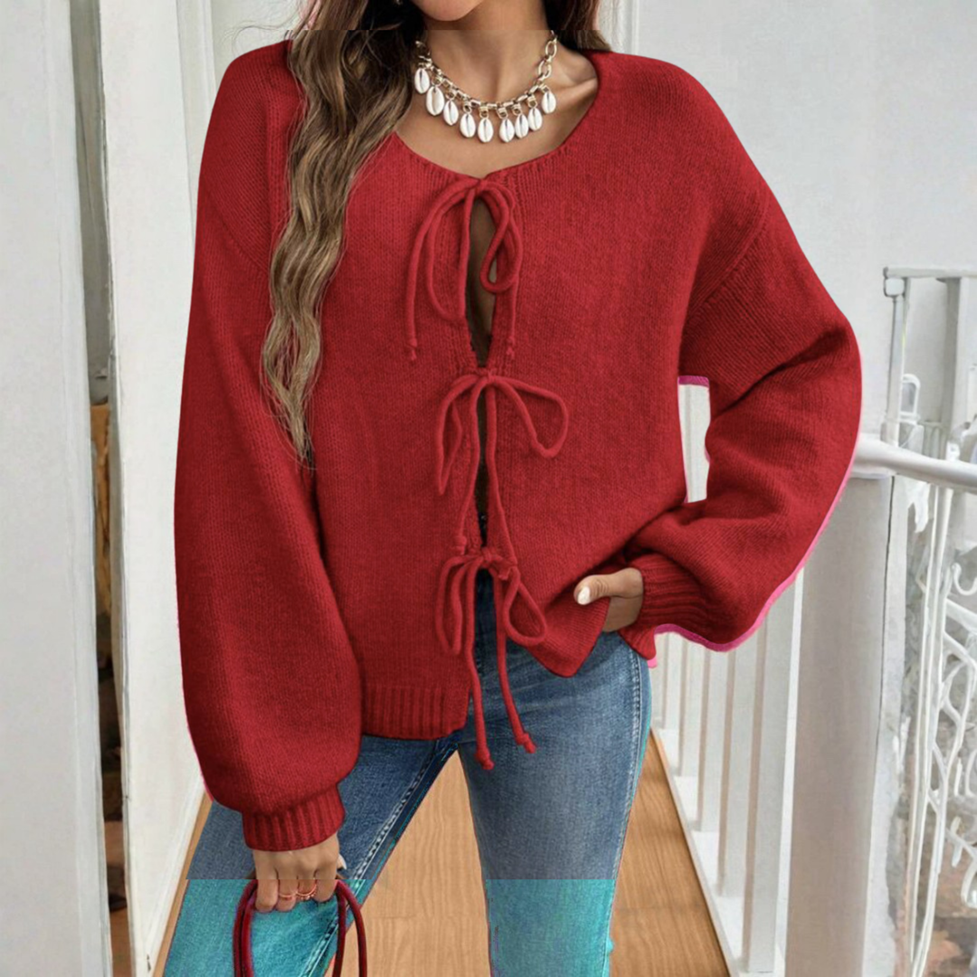Women's Knit Cardigan – Relaxed Knit Tie Front And Puff Sleeves