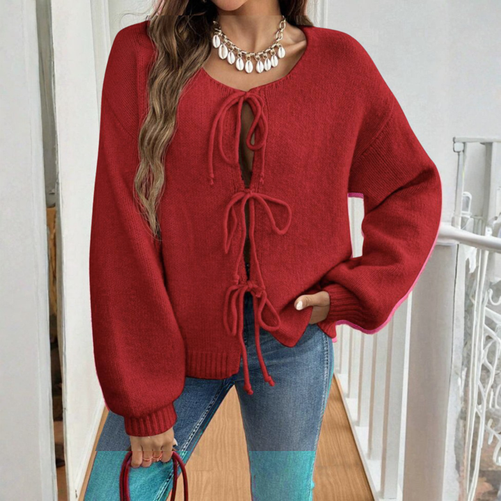 Women's Knit Cardigan – Relaxed Knit Tie Front And Puff Sleeves