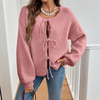 Women's Knit Cardigan – Relaxed Knit Tie Front And Puff Sleeves