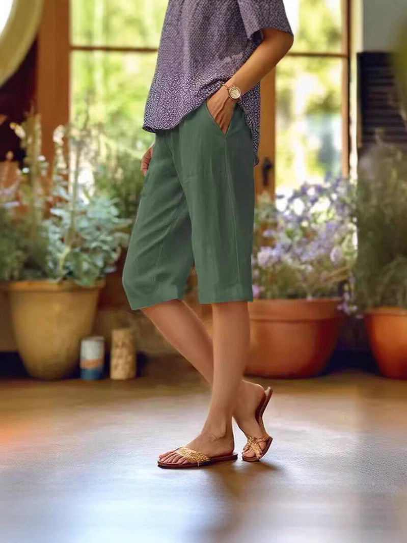 Women's Relaxed Linen Capri Pants with Side Pockets in White | Invictora.com