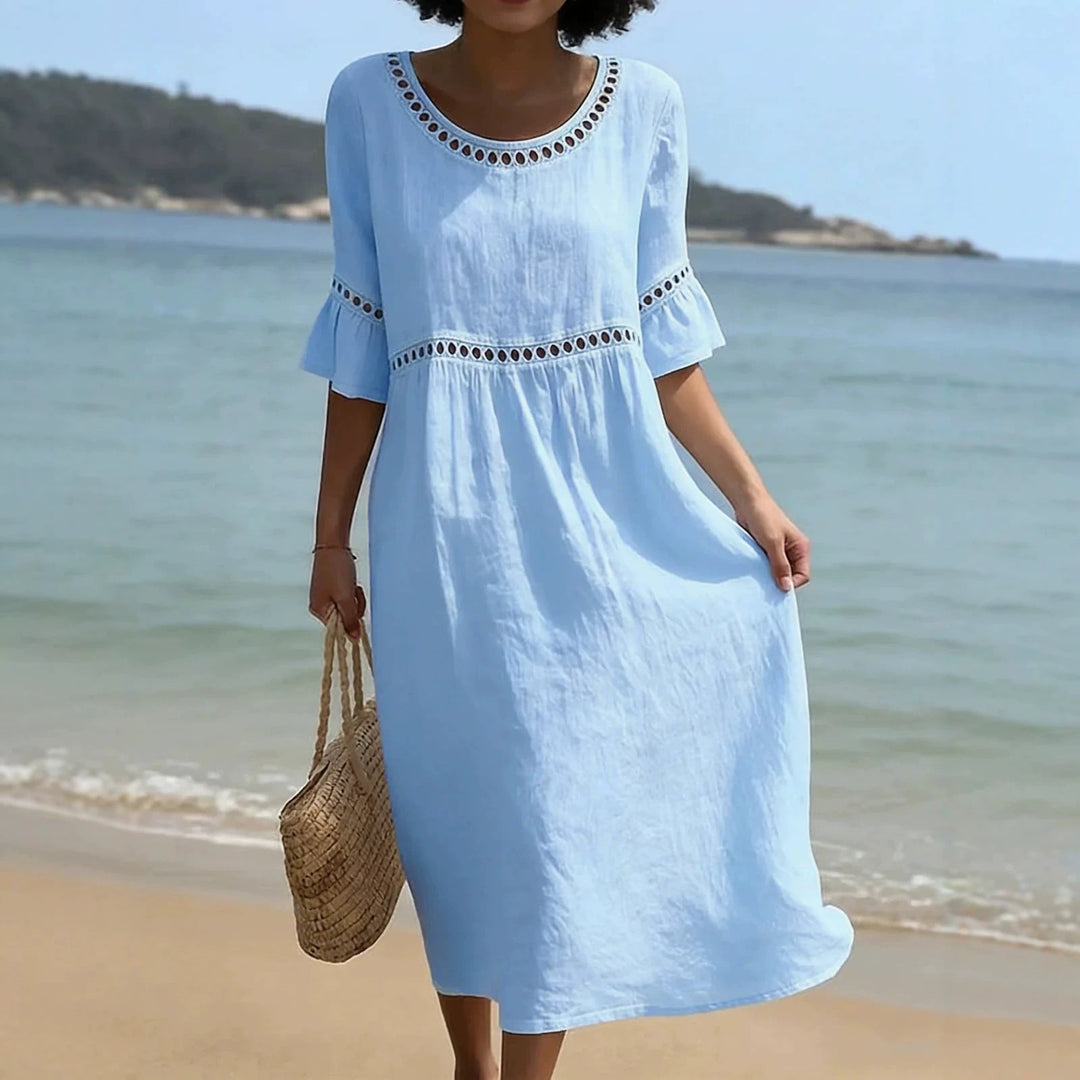 Women's Relaxed Linen Summer Midi Dress with Hollow Out Detail and Flared Sleeves in White | Invictora.com
