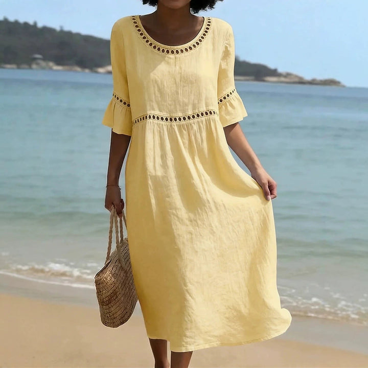 Women's Relaxed Linen Summer Midi Dress with Hollow Out Detail and Flared Sleeves in White | Invictora.com