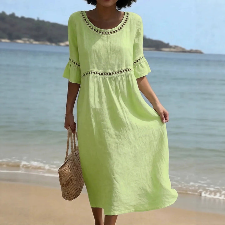 Women's Relaxed Linen Summer Midi Dress with Hollow Out Detail and Flared Sleeves product image | Invictora.com