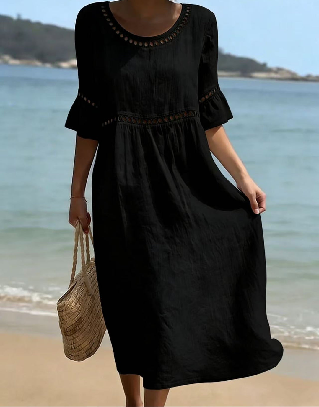 Women's Relaxed Linen Summer Midi Dress with Hollow Out Detail and Flared Sleeves in White | Invictora.com