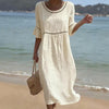 Women's Relaxed Linen Summer Midi Dress with Hollow Out Detail and Flared Sleeves product image | Invictora.com
