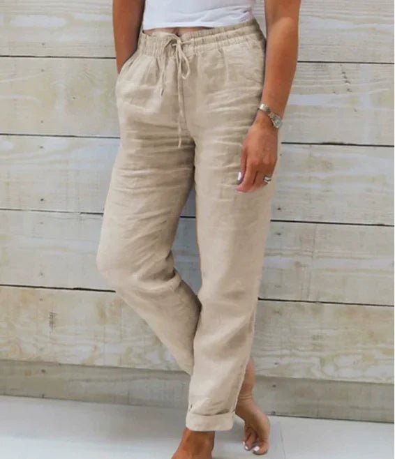 Women's Relaxed Linen Trousers with Drawstring Waist and Straight Leg product image | Invictora.com
