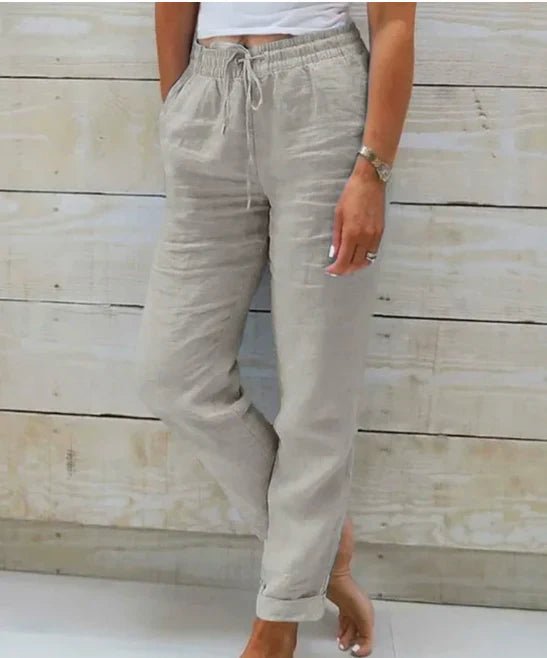 Women's Relaxed Linen Trousers with Drawstring Waist and Straight Leg in Blue | Invictora.com