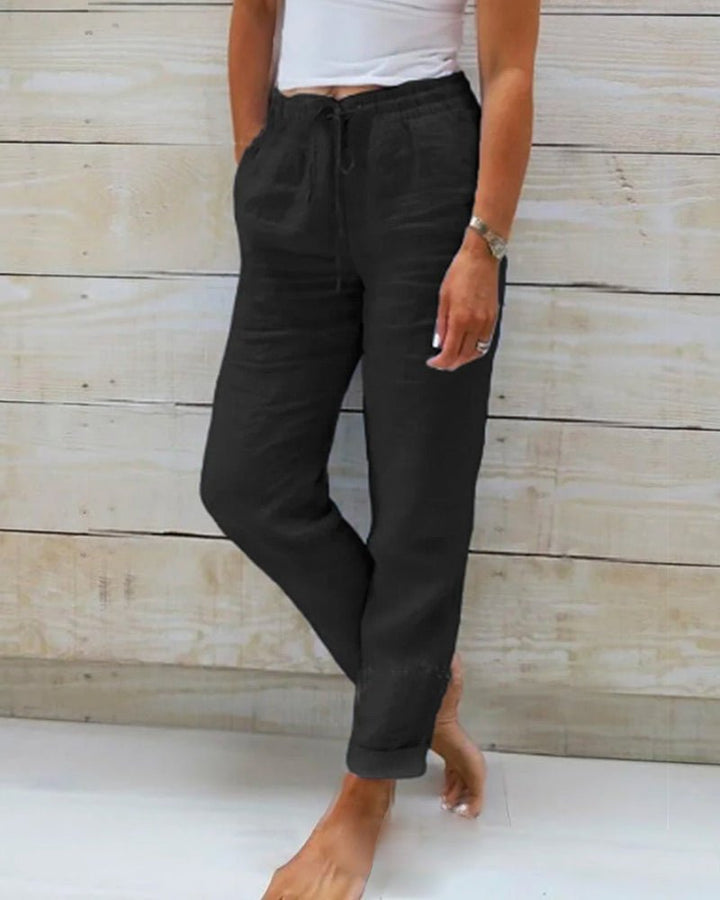 Women's Relaxed Linen Trousers with Drawstring Waist and Straight Leg product image | Invictora.com