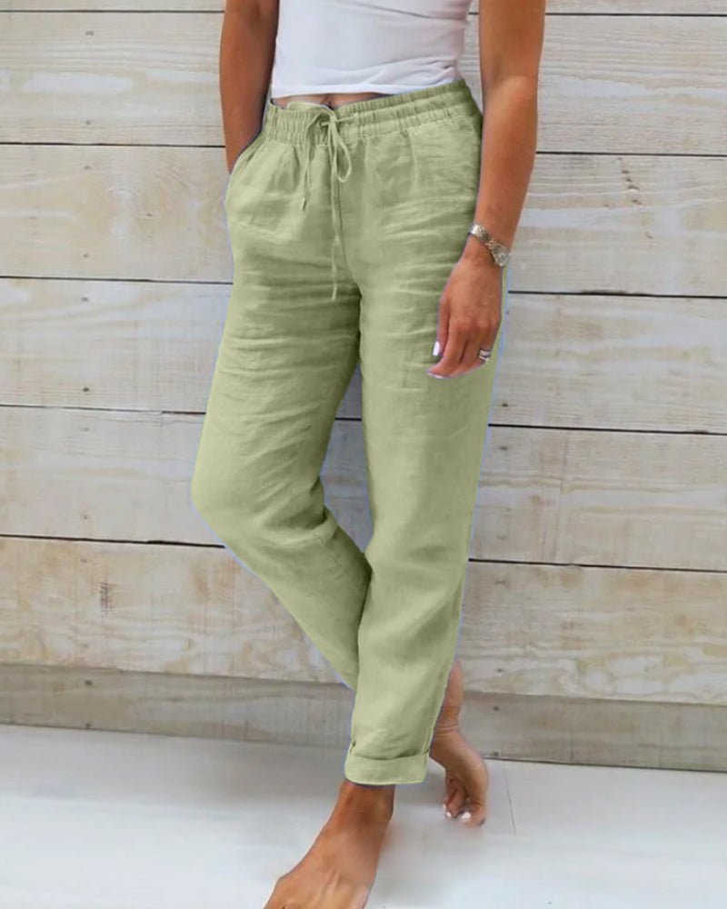 Women's Relaxed Linen Trousers with Drawstring Waist and Straight Leg in Blue | Invictora.com
