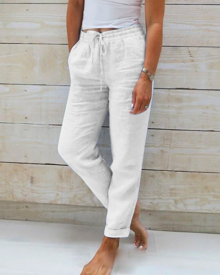 Women's Relaxed Linen Trousers with Drawstring Waist and Straight Leg product image | Invictora.com