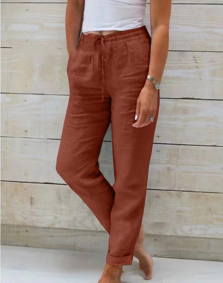 Women's Relaxed Linen Trousers with Drawstring Waist and Straight Leg product image | Invictora.com