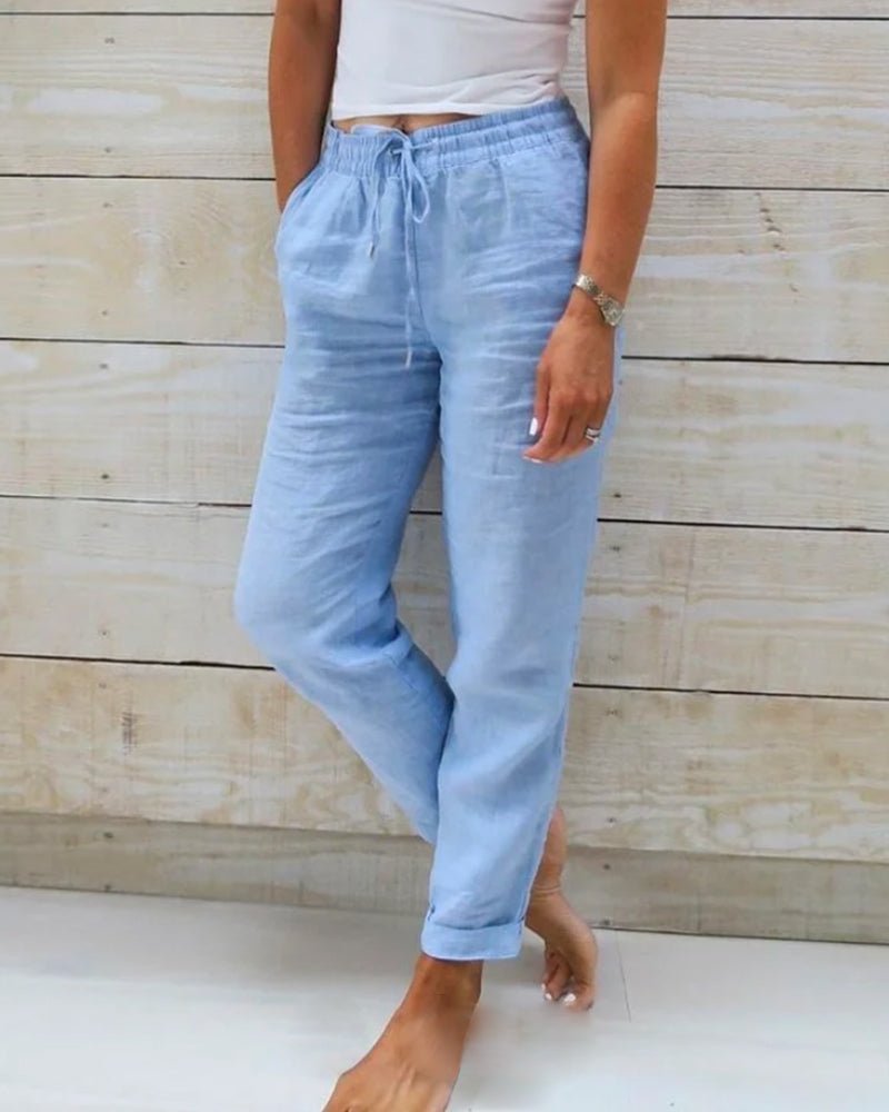Women's Relaxed Linen Trousers with Drawstring Waist and Straight Leg product image | Invictora.com