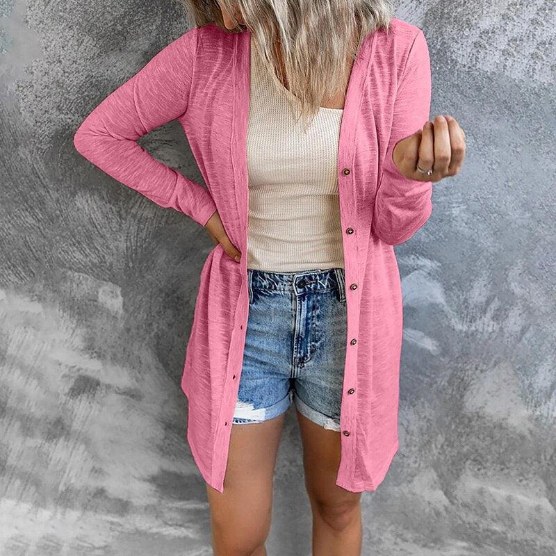 Women's Knit Cardigan – Relaxed Open-Front Snap Button Detail