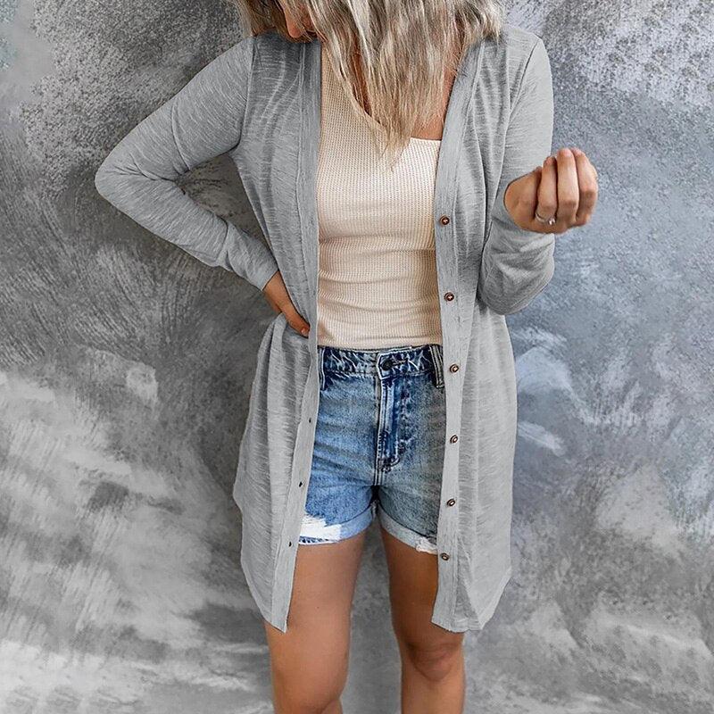 Women's Knit Cardigan – Relaxed Open-Front Snap Button Detail