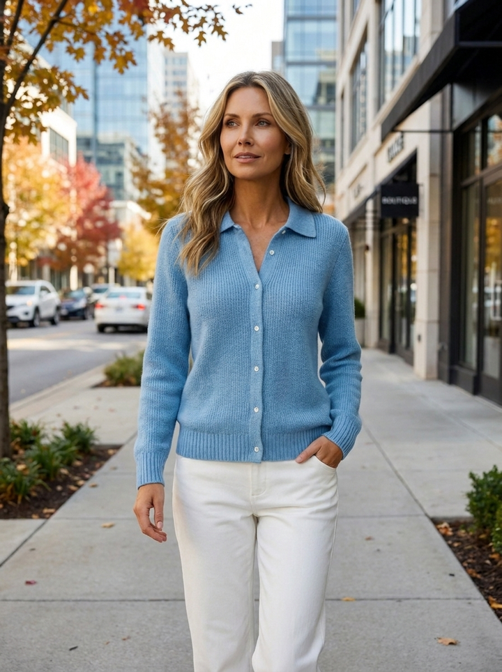 Women's Knit Cardigan – Ribbed Knit Collar And Button-Up