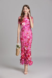 Women's Floral Midi Dress – 3D Appliqué Wedding Guest Dress