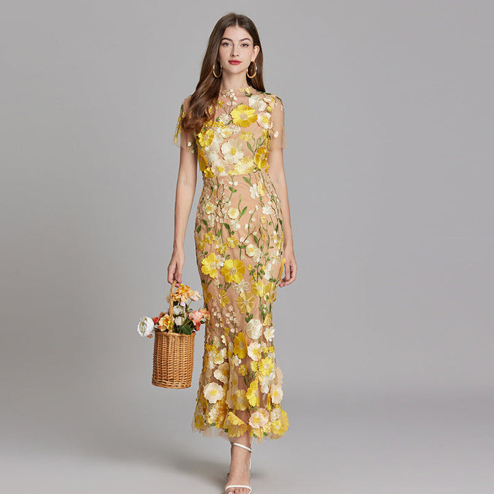 Women's Floral Midi Dress - 3D Appliqué Wedding Guest Dress product image | Invictora.com