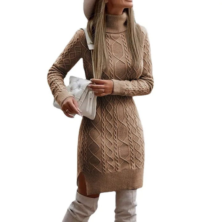 Women's Knitted Dress – Cable-Knit Turtleneck Fitted