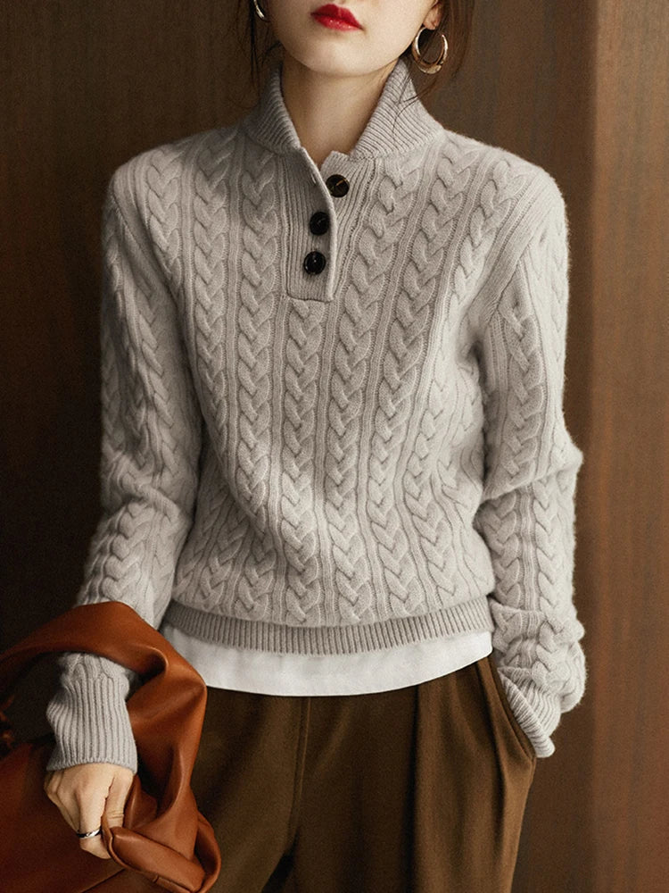 Women's Jumper – Openwork Cable Knit Turtleneck