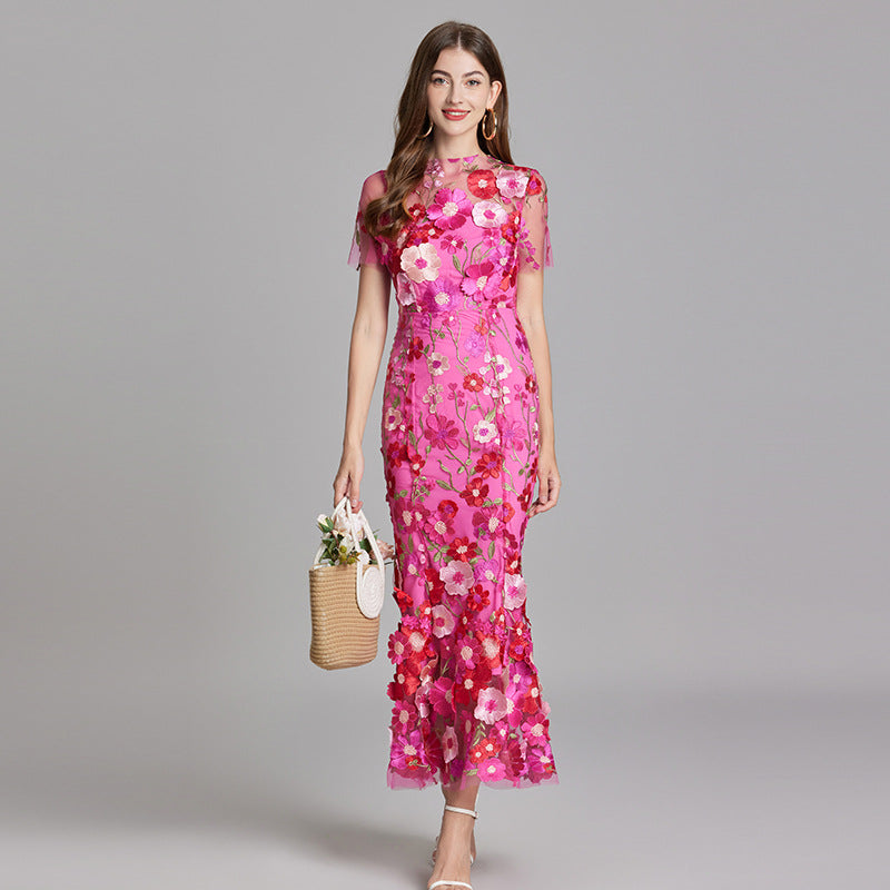 Women's Floral Midi Dress - 3D Appliqué Wedding Guest Dress product image | Invictora.com