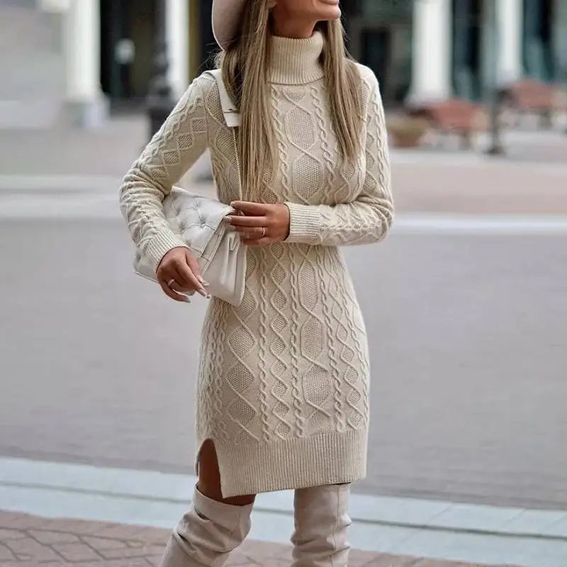 Women's Knitted Dress – Cable-Knit Turtleneck Fitted