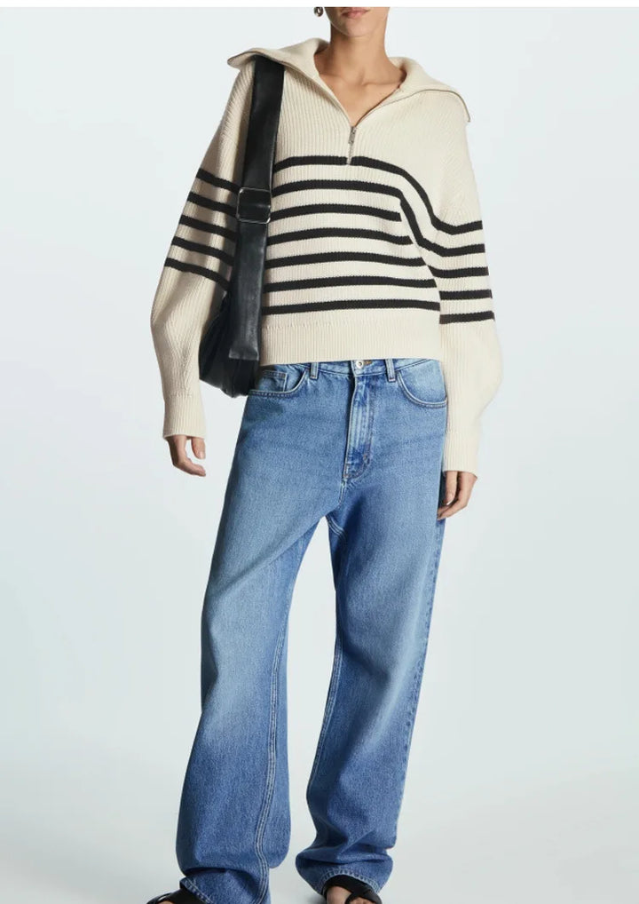 Women's Jumper – Striped Ribbed Half-Zip Knit