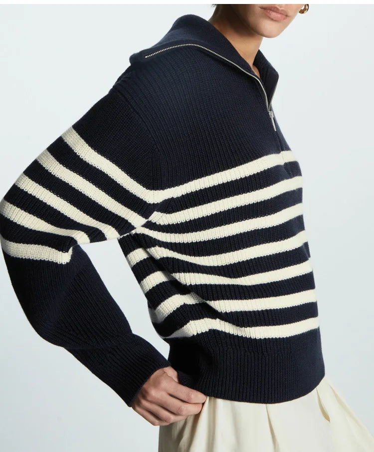 Women's Jumper – Striped Ribbed Half-Zip Knit