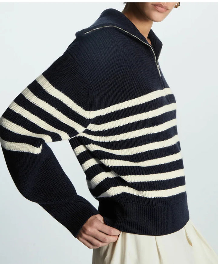 Women's Jumper – Striped Ribbed Half-Zip Knit