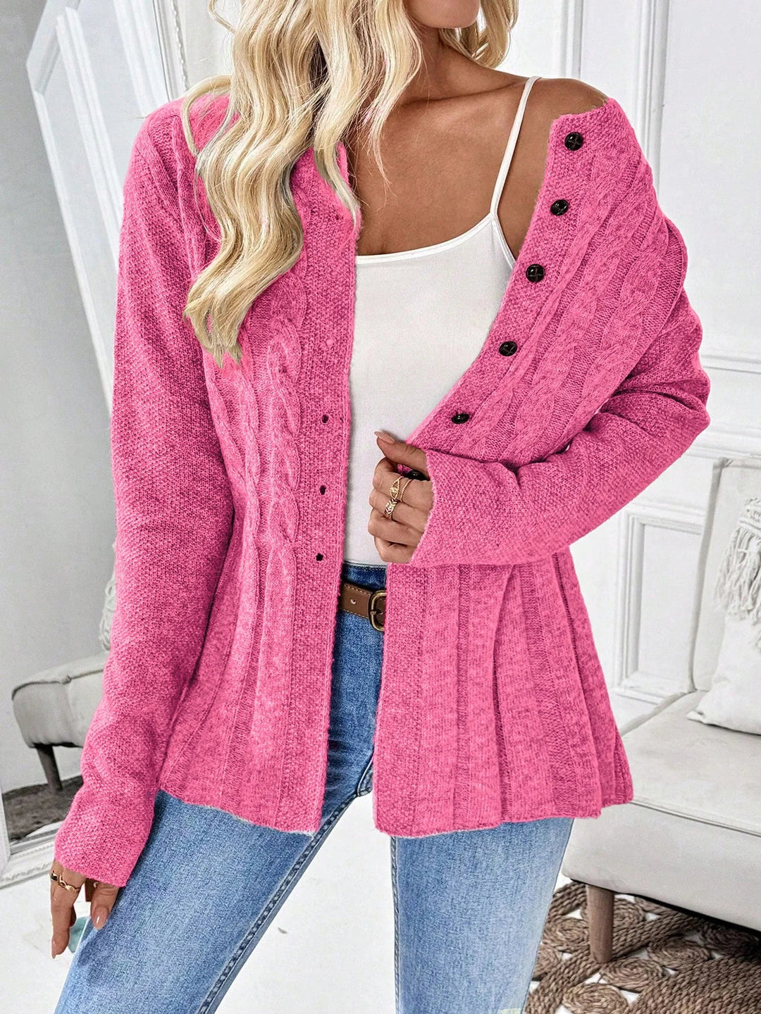 Women's Cardigan – Cable-Knit Fitted Peplum Button