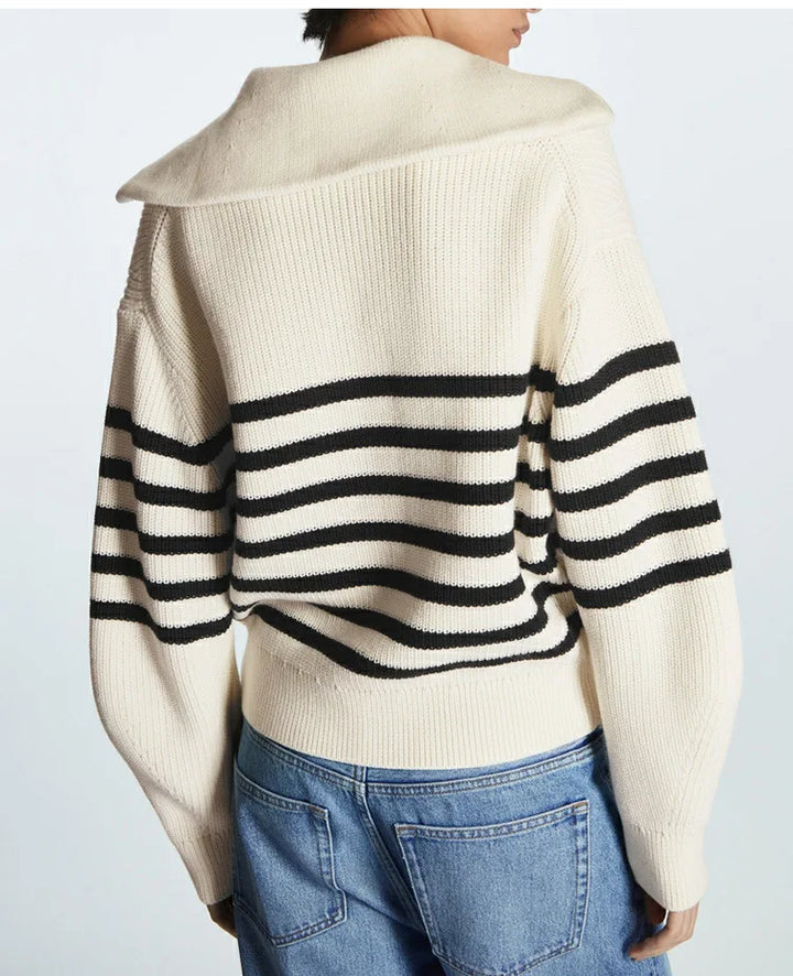 Women's Jumper – Striped Ribbed Half-Zip Knit