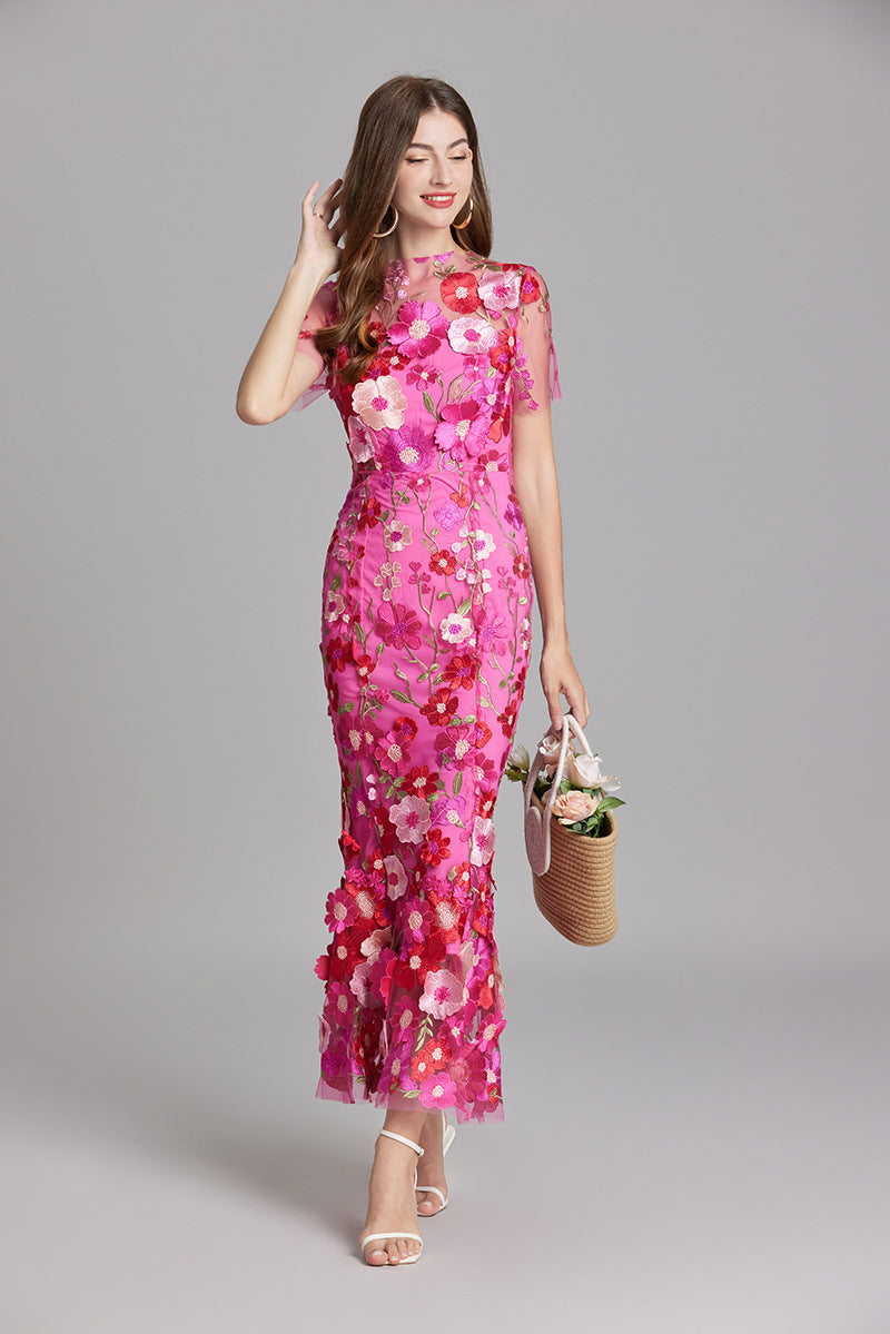 Women's Floral Midi Dress - 3D Appliqué Wedding Guest Dress product image | Invictora.com