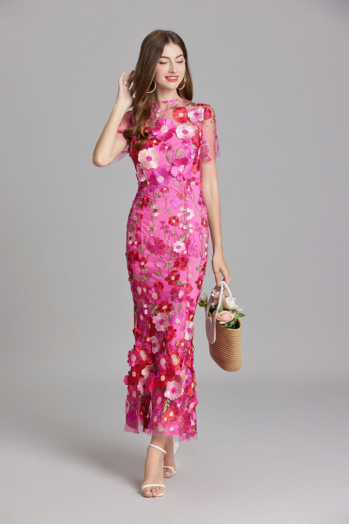 Women's Floral Midi Dress - 3D Appliqué Wedding Guest Dress product image | Invictora.com