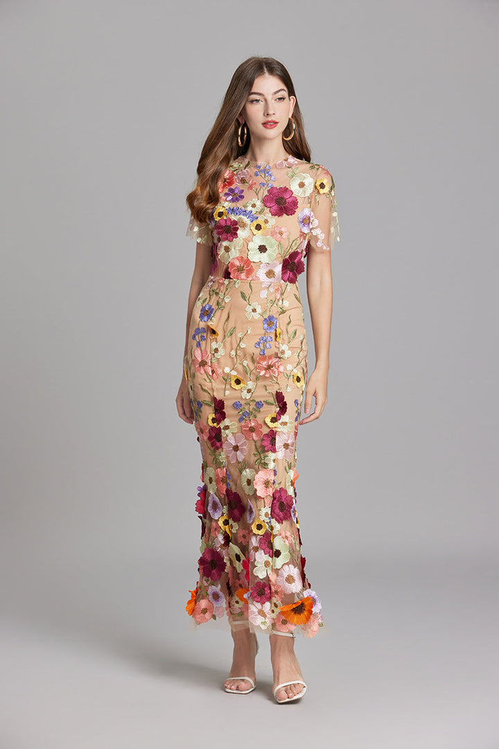 Women's Floral Midi Dress - 3D Appliqué Wedding Guest Dress product image | Invictora.com