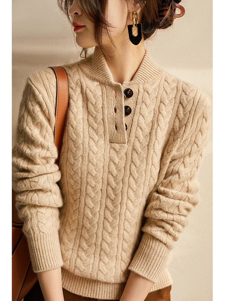 Women's Jumper – Openwork Cable Knit Turtleneck